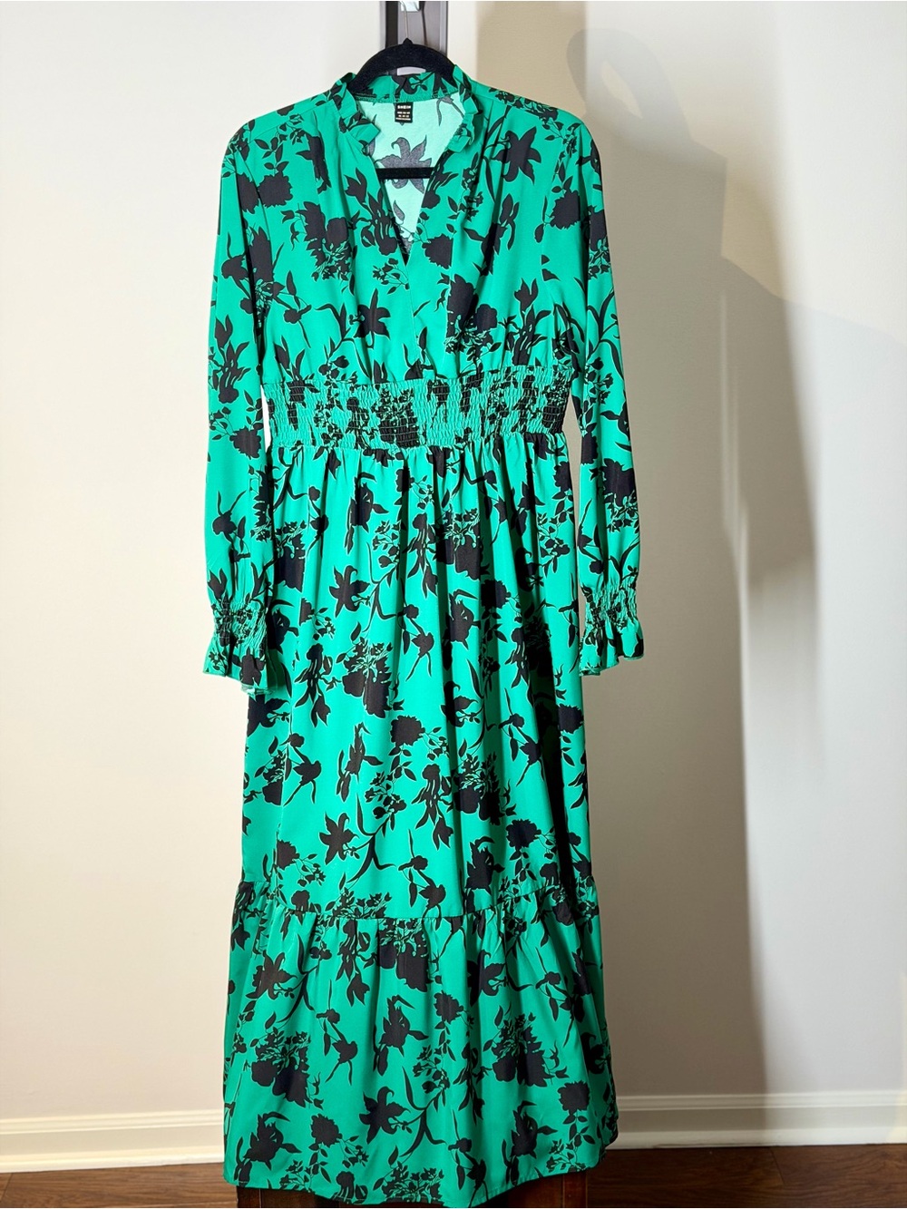 Green Floral Smocked-Waist Long Sleeve Dress